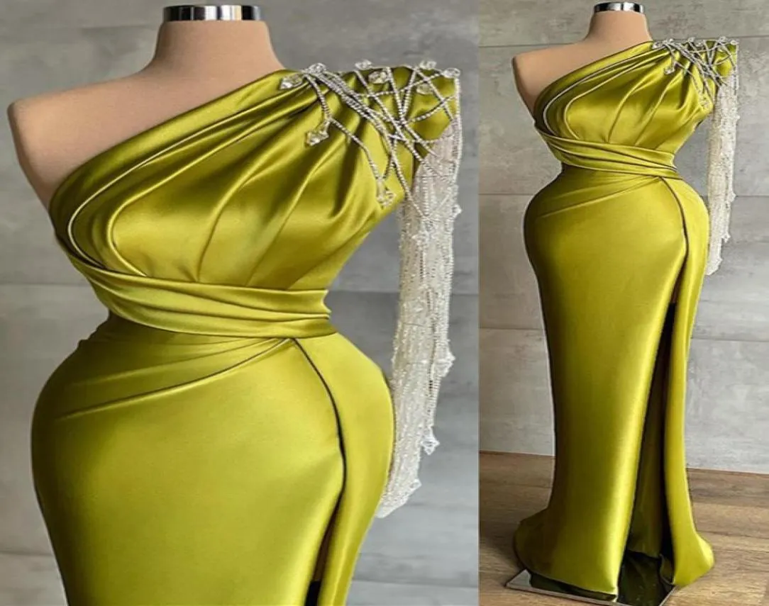 Aso Ebi 2022 Arabic Plus Size Green Sexy Sheath Prom Dresses One Shoulder Satin Evening Formal Party Second Reception Birthday Eng4998230