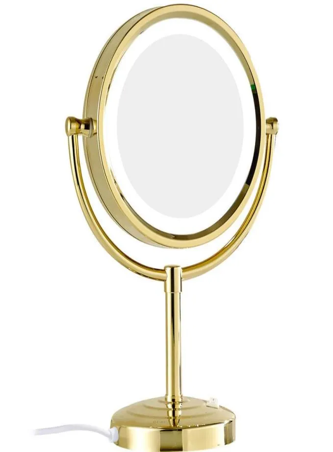 GURUN 10x1x Magnification Makeup Mirror with LED Lights Double Side Round Crystal Glass Standing Mirror Gold Finish M2208DJ8614704