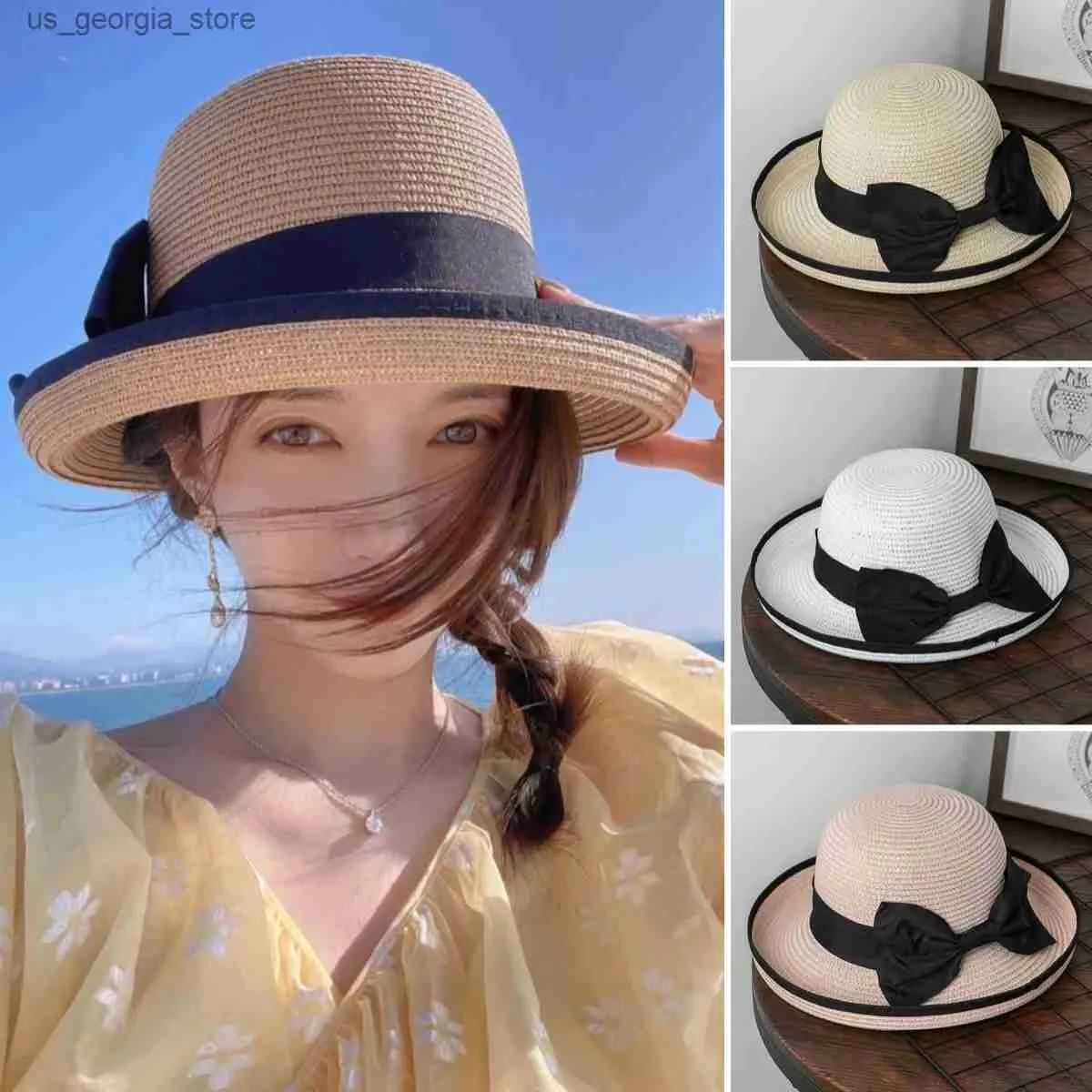 Chapeaux larges chapeaux seau à la mode été Panama plage femmes Str chapeau plage retrousser chapeau de soleil loisirs voyage chapeau simple large bord arc chapeau casquette Y240319