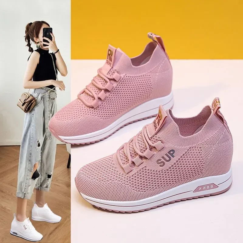 Schoenen wit platform schoenen verborgen hiel vrouwen casual platform sneakers dames lengte vergroten wiggen schoenen voor vrouwelijke trainers zwart roze