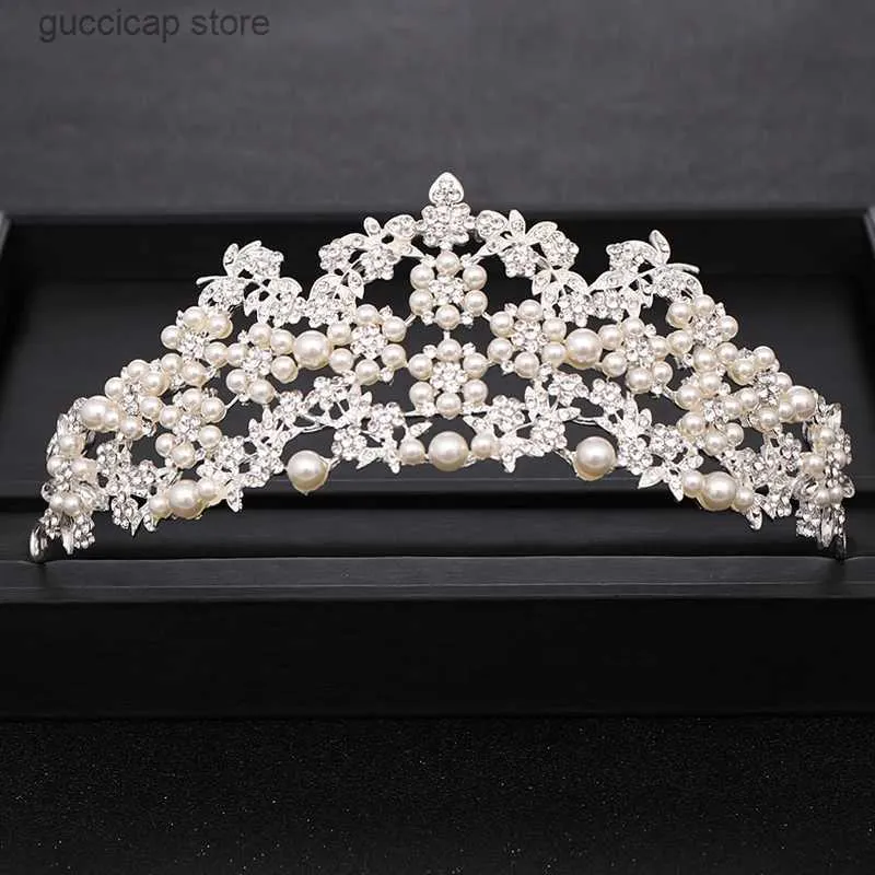 Tiaras luxuriou Crystal Pearl Silver Color Hair Jewelry Wedding Tiara Bridal Crown Head Jewelry Prom Headpiece Wedding Hair Accessories Y240319