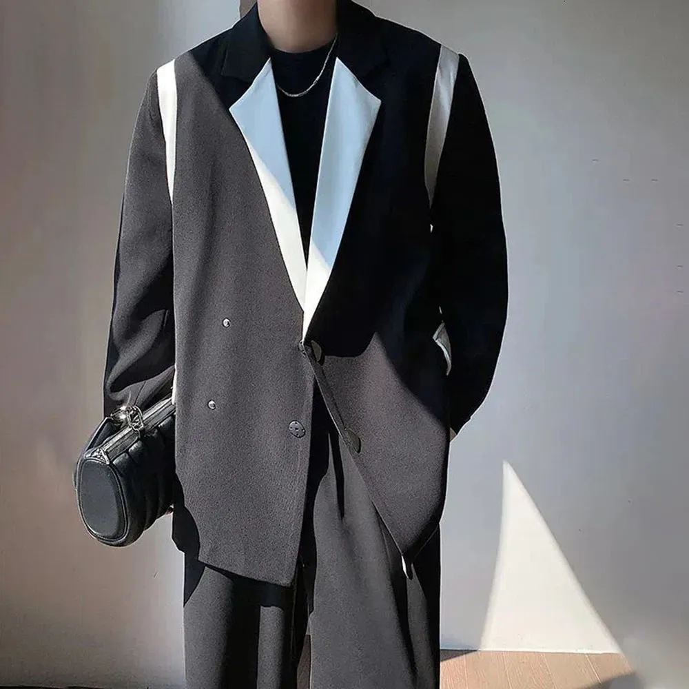 Mężczyźni Blazer Patchwork Lapel Long Rleeve Streewear Button Lose Csual Suits Koreańskie moda mężczyźni cienkie płaszcze M-2xl 240304