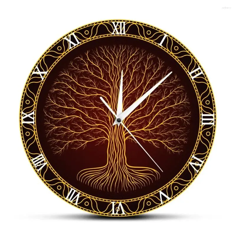 Orologi da parete Simbolo sacro nordico Druidico Yggdrasil Albero Orologio stampato della vita Amuleto mistico vichingo Decorazione artistica Orologio muto