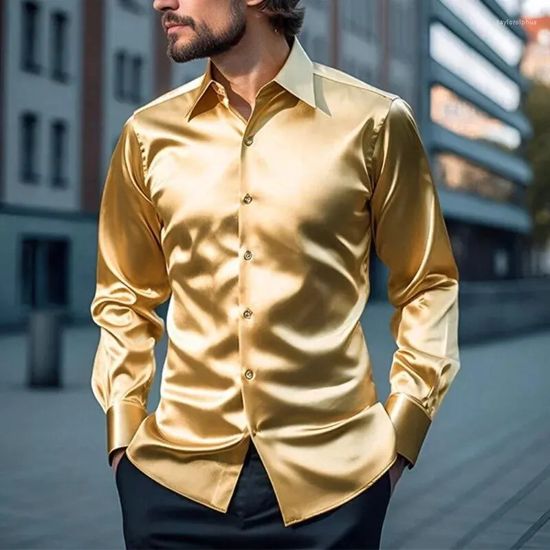 Men's Dress Shirts Solid Color Satin Shirt Fashion Bright Long-sleeved Tuxedo Business Shop Party Wedding Ball Luxury