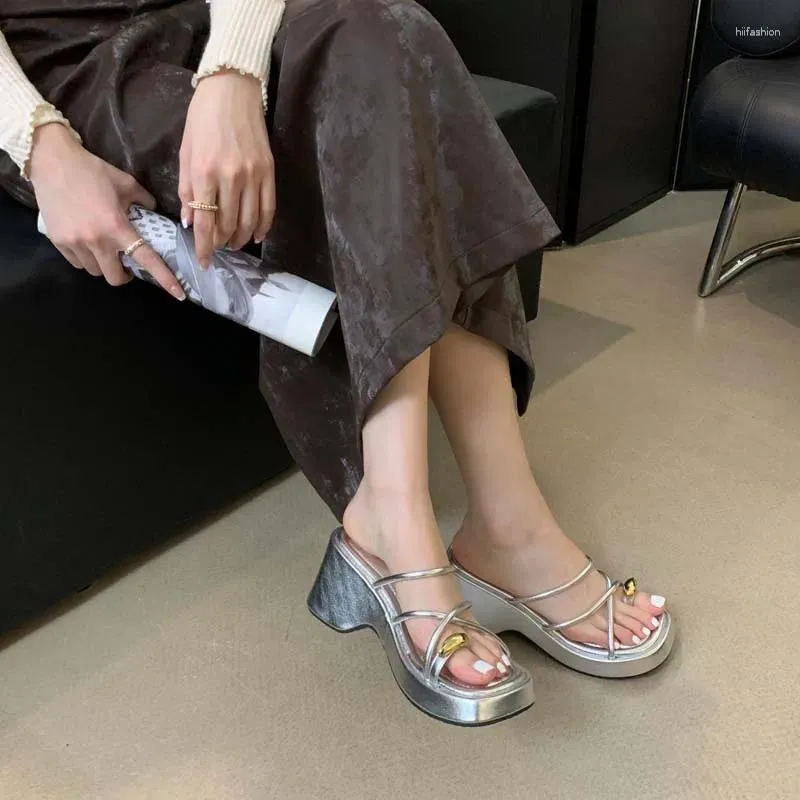 Sandals Silver Wedges Slippers Women Platform High Heels Summer Ladies 2024 Gray Belt Cross Outdoor Shoes Zapatillas Mujer