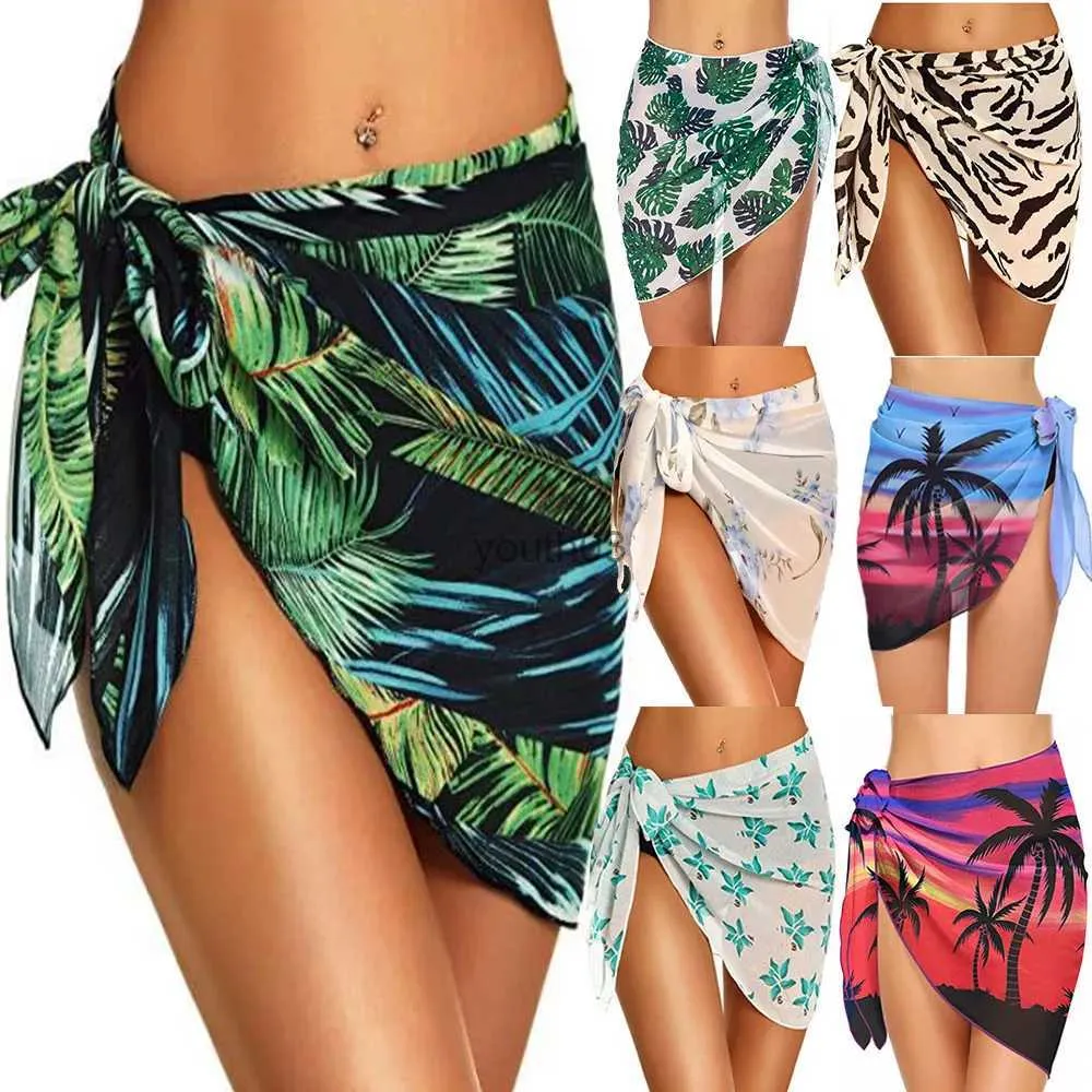 Saias Skorts Verão Bikini Wrap Sheer Coverups Set Mulheres Imprimir Curto Sarongs Maiô Praia Saia Curta Chiffon Lenço Cover Ups para Swimwear 240319