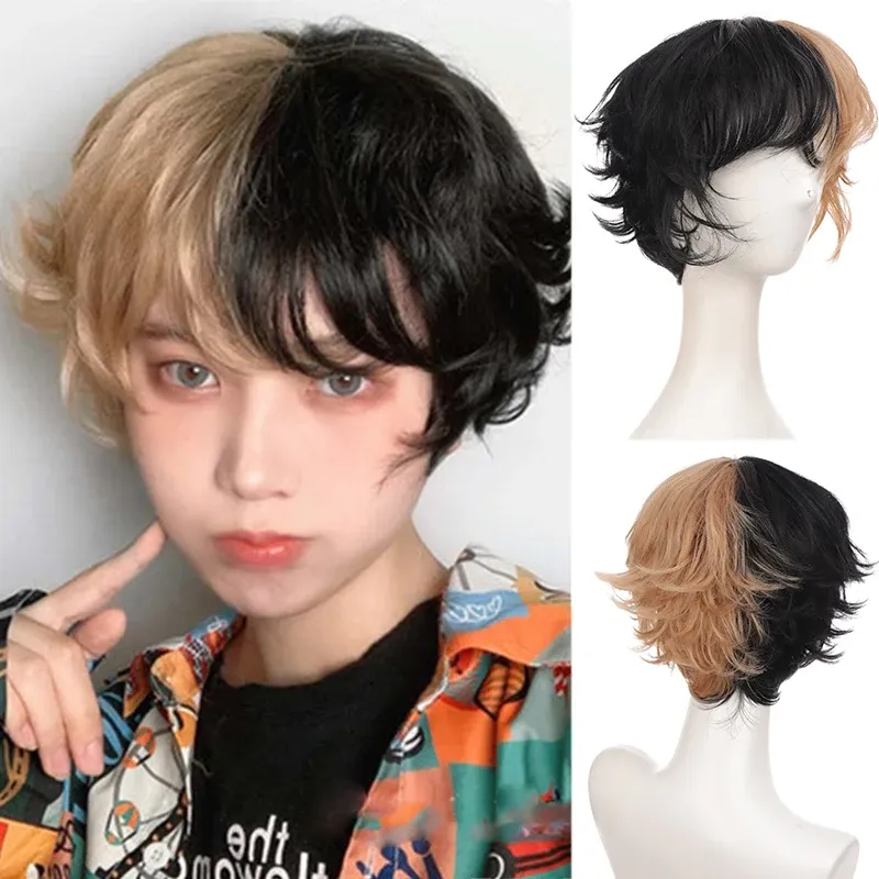 Perucas curtas pix corte reto preto branco amarelo metade cosplay anime fantasia perucas de halloween cabelo sintético com franja para homens meninos mulheres