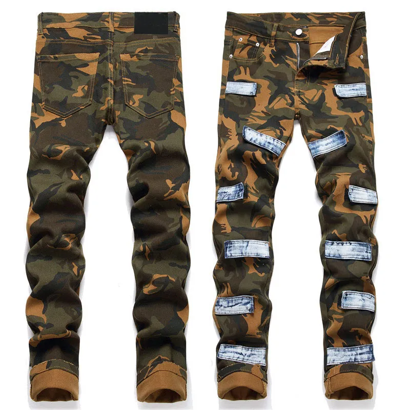 Jean de Camouflage pour hommes, pantalon Long en Denim, coupe Slim, extensible, de motard, de styliste, Patchwork, taille 29-38