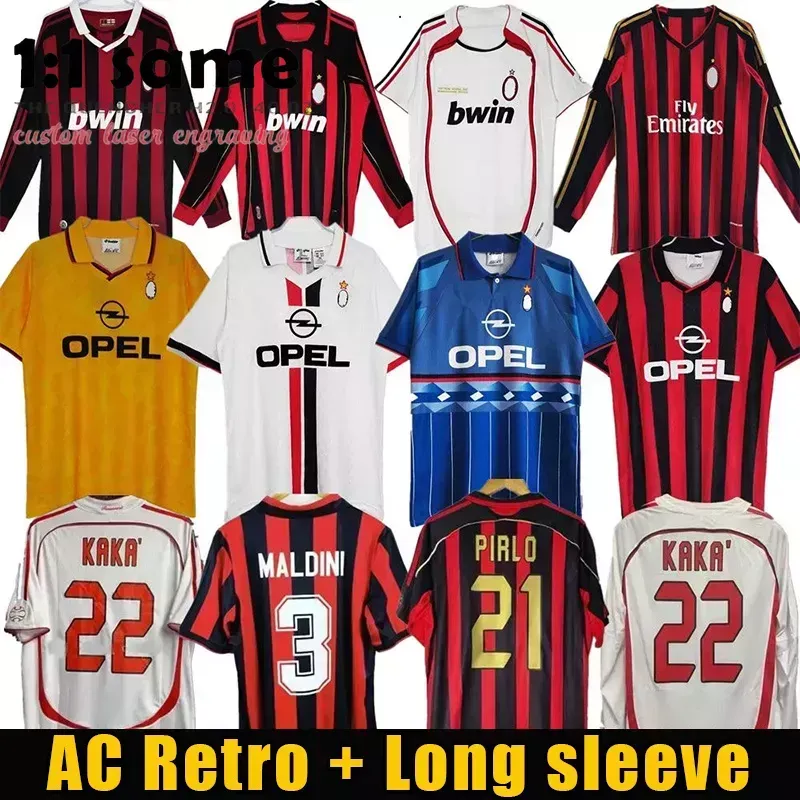 レトロサッカージャージの長袖Kaka Baggio Maldini Van Basten Pirlo Inzaghi Gullit Shevchenko Vintage Shird Classic Football Shirt 96 97 06 07