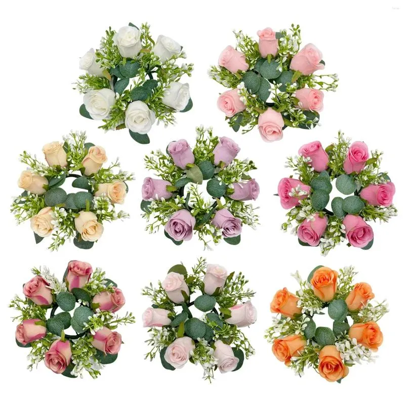 Decorative Flowers Candle Ring Artificial Wreath Flower Arrangement Garland Pillar Candleholder For Centerpieces Wedding Festival Halloween