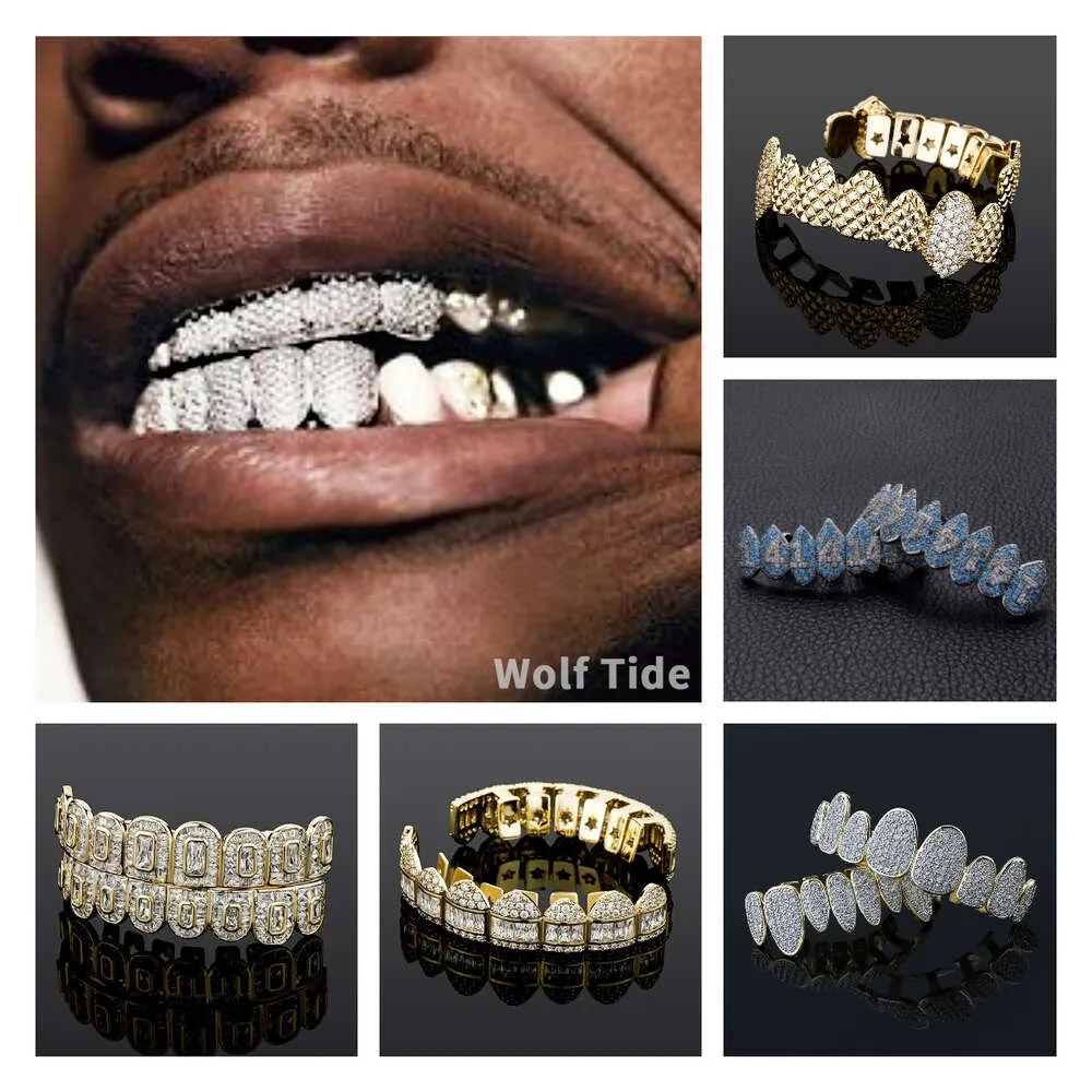 Iced Out Kubieke Zirkoon Tandheelkundige Grills Lichaamssieraden 18K Echt Goud Punk Hiphop Jesus Mouth Fang Grillz Brace Volledige Diamond Vampire Tooth Cap Cosplay Party Rapper Geschenken