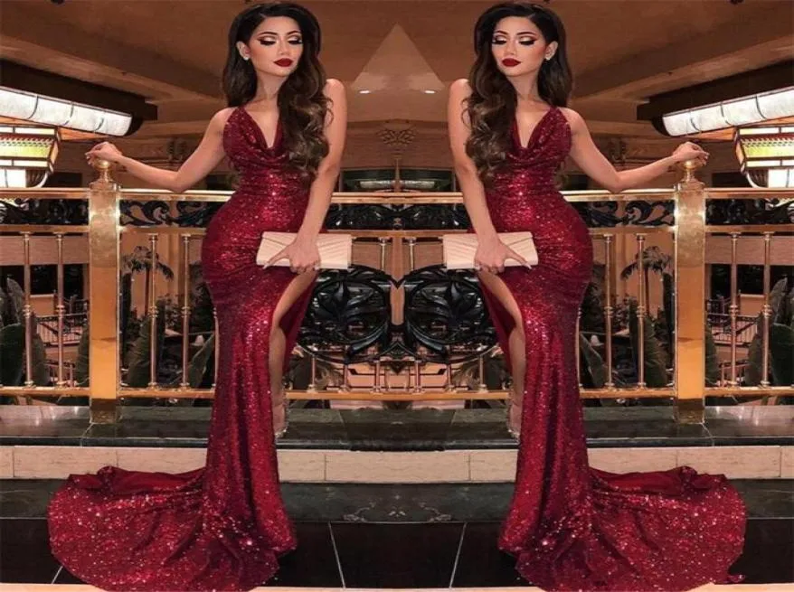 2019 Burgundy v neck equins mermaid dress dresses sexy level heigh