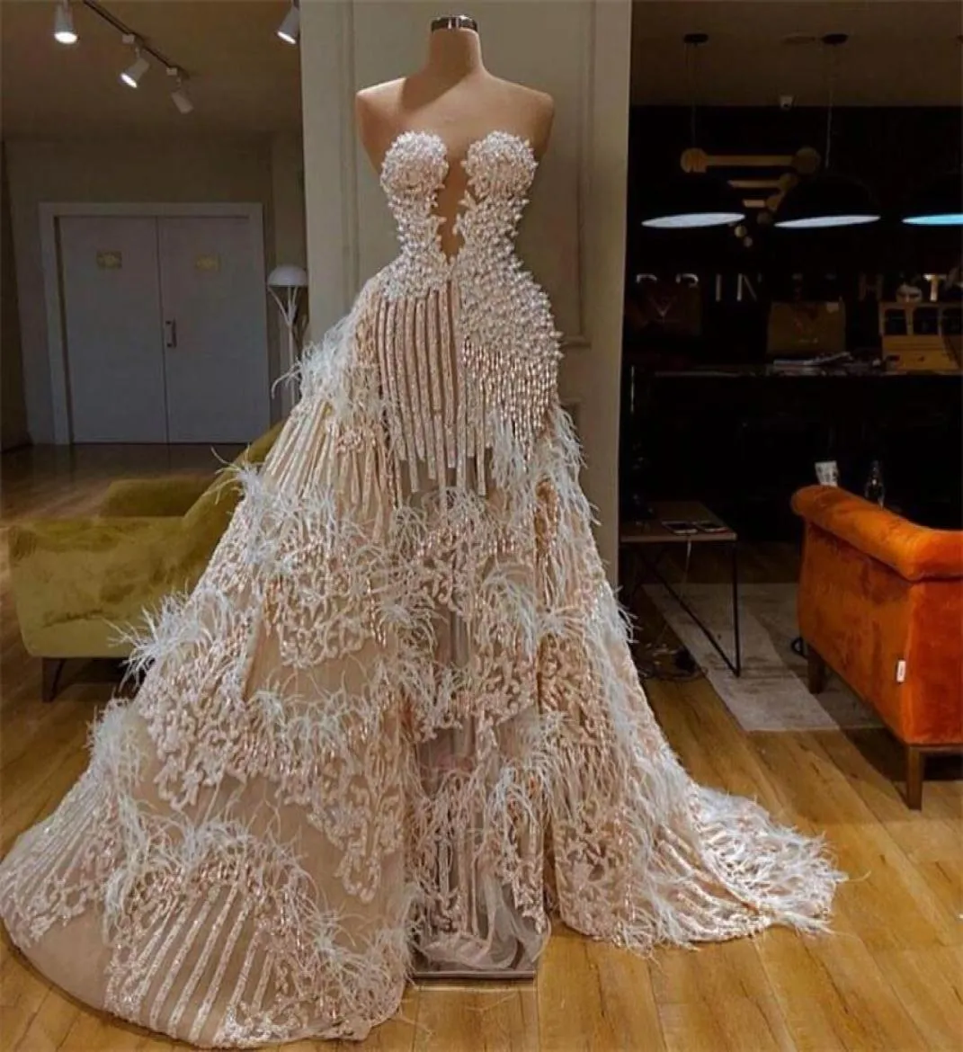 Splendide robe de soirée avec traîne détachable chérie perles majeures plume appliquées paillettes robes de soirée formelles sur mesure Pro9712102