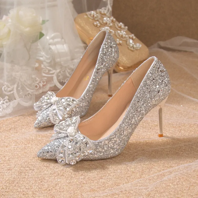 Pompki srebrne buty na wysokich obcasach pompki buty ślubne buty panny młodej buty luksusowe łuk spiczasty obcasy zapatos mujer