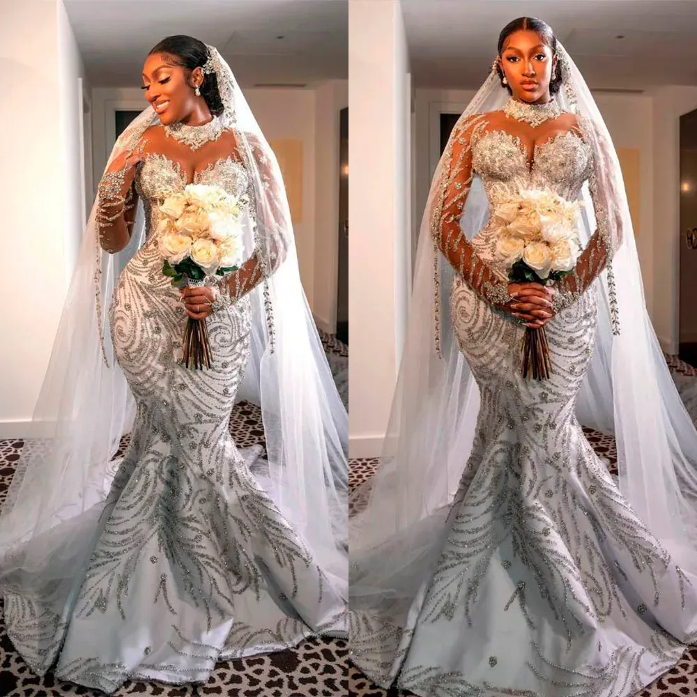 Arábia saudita cristal sereia vestido de casamento ilusão alta pescoço manga longa plus size vestidos de noiva contas noiva robes de