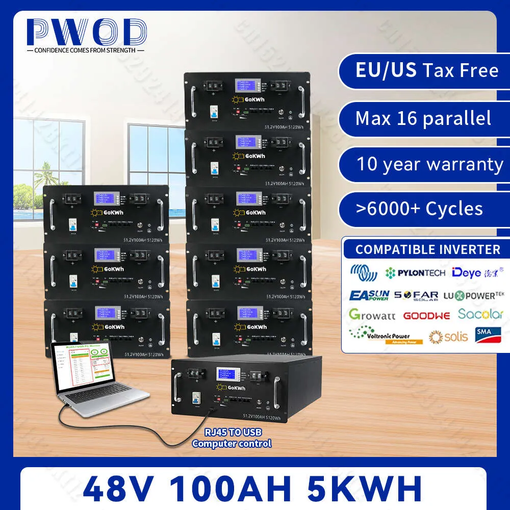 48 V 100 Ah LiFePO4-Akku, 5,12 kW, 200 Ah, 280 Ah, 6000 Zyklen, Lithium-Batterie, BMS, 100 % Kapazität, 10 Jahre Garantie für Zuhause, KEINE STEUER