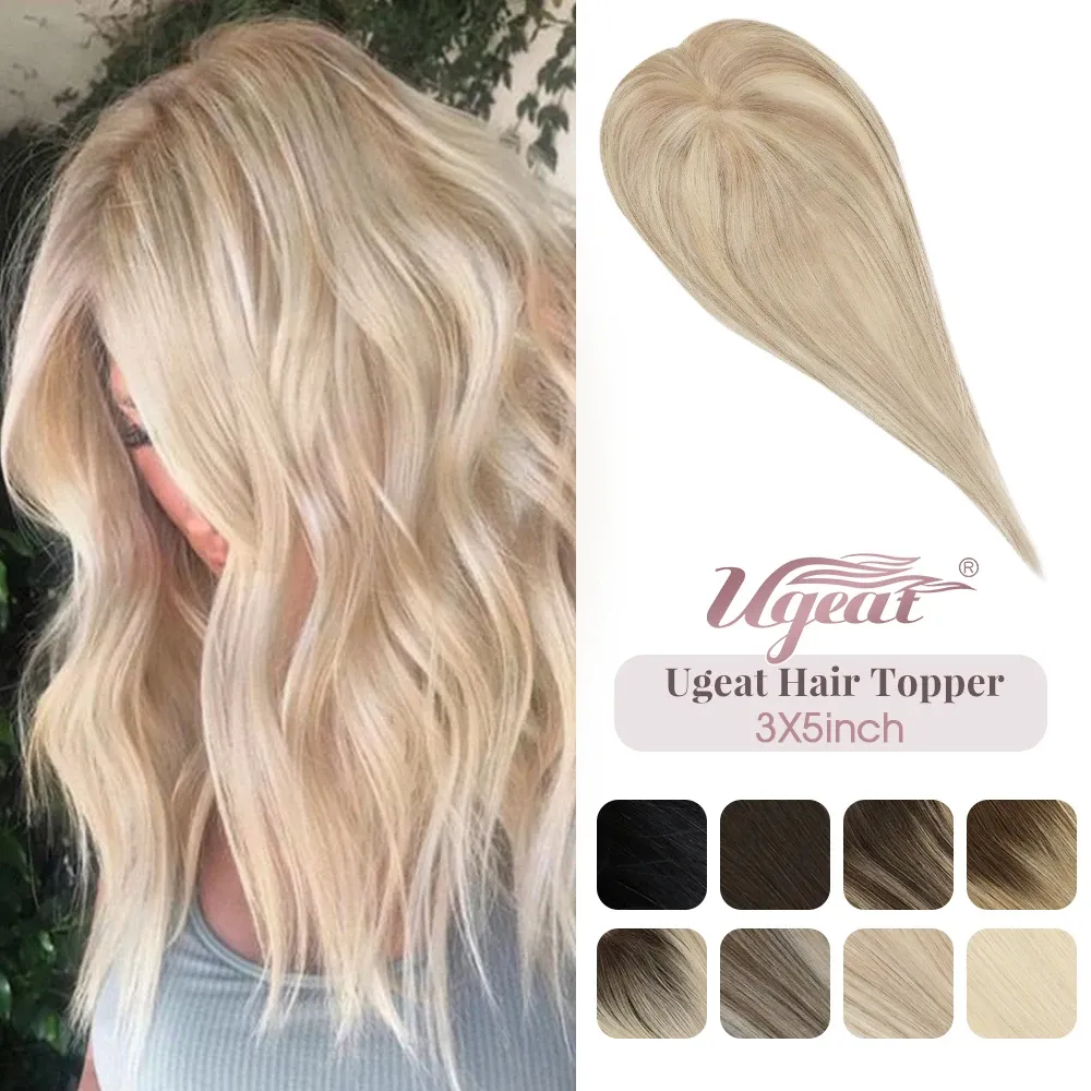 Toppers Ugeat Hair Topper For Women Natural Human Blonde Hair Extensions Mono Base 3x5inch Women Toupee Invisible Free Part Hair Toppers