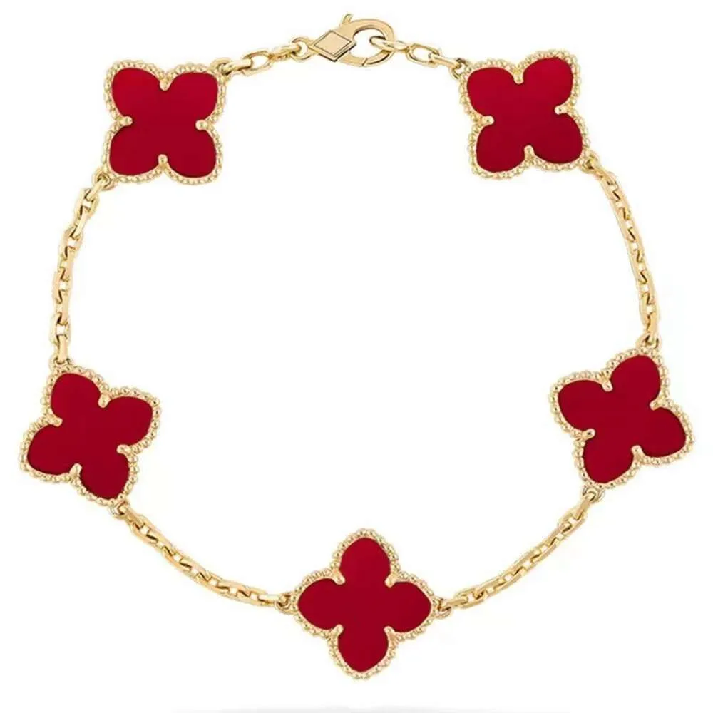 Dubbel Fanjia -sidled Clover Five Flower Women s High Edition White Fritillaria Red Jade Chalcedony Champagne Armband Armband