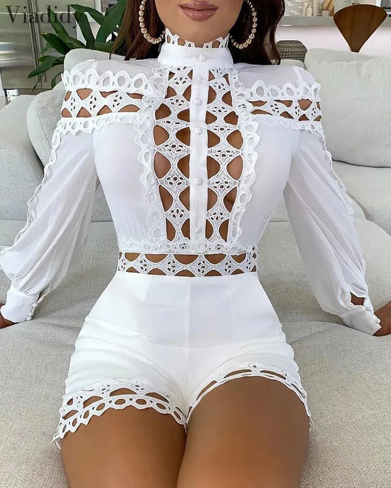 Save Big on Bulk Lace Long Sleeve Playsuit Womens Long Sleeve Romper:  Patchwork Hollow Out Playsuit, Long Sleeve Short Rompers In White Black, 