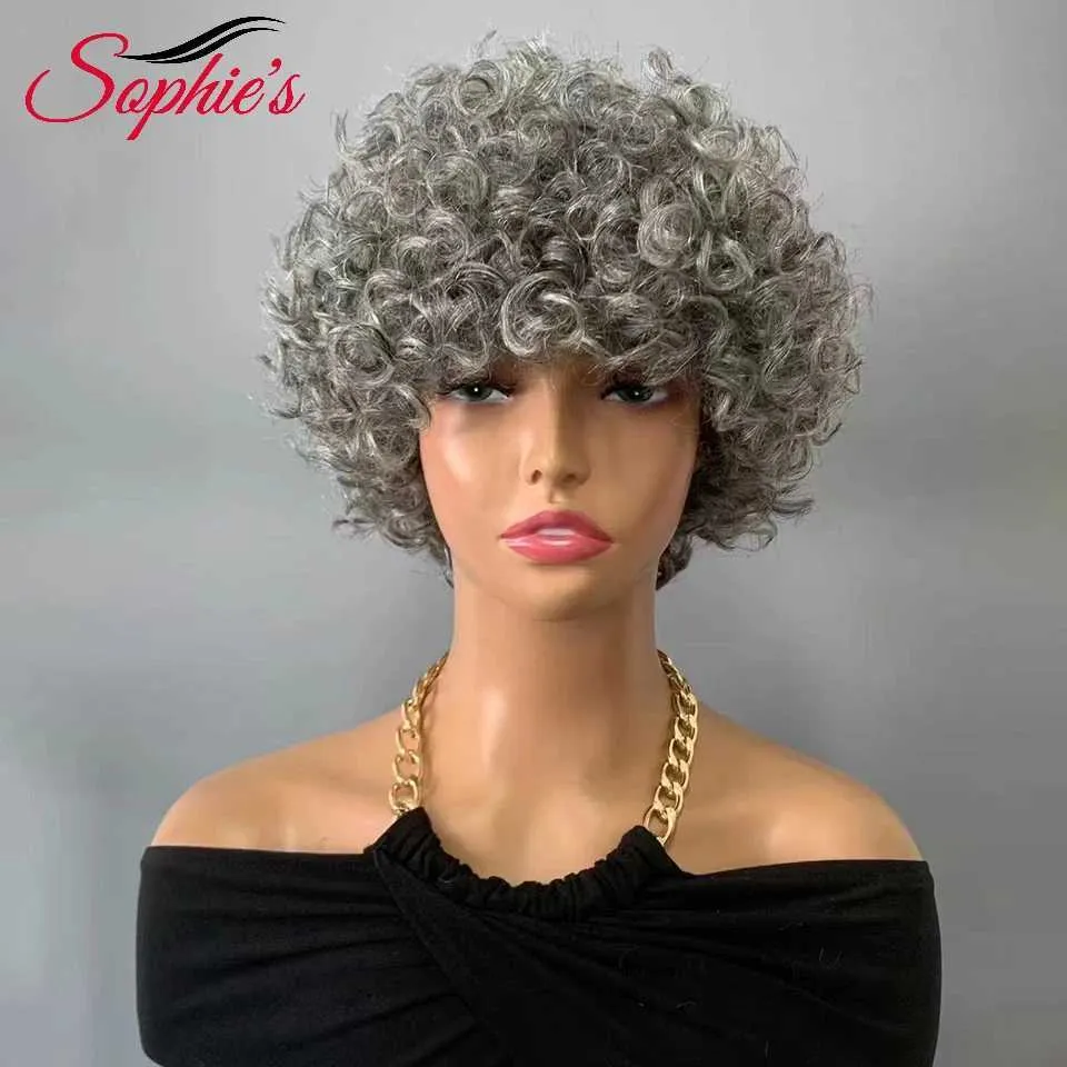 合成ウィッグソフィー灰色の人間の髪のウィッグショートカーリーウィッグフルマシンメイドウィッグ180％密度ブラジルの髪髪の女性240329