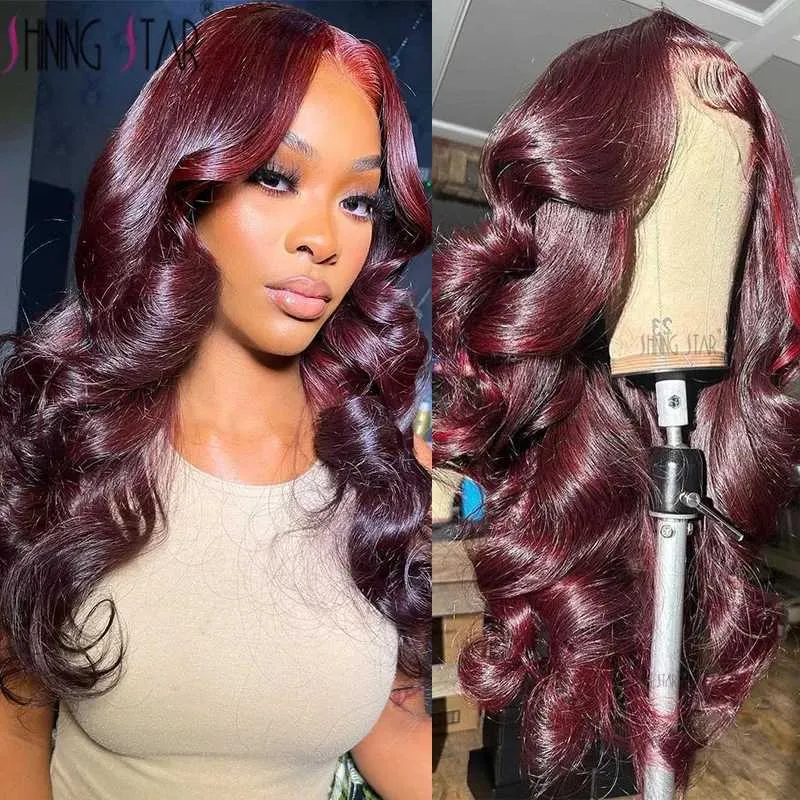 Synthetic Wigs Dark Burgundy Color 13X4 Lace Front Wigs For Women 13x6 Lace Front Human Hair Wig 99J Body Wave Brazilian Hair Wig Glueless Wig 240329