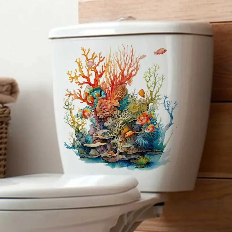 Toalettklistermärken T743 # Undervattensvärld för väggklistermärke toalettdekoration för vardagsrum Dekorativa klistermärken Hus förskönar självhäftande väggmålning 240319