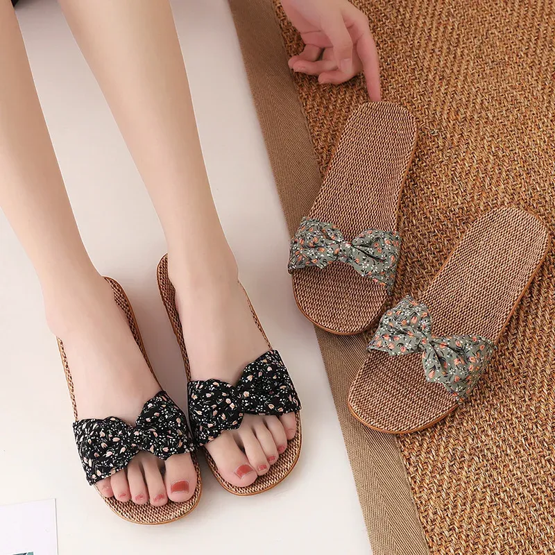 Slippers Suihyung Summer Floral Bow Slippers for Women New Girls Casual Slides Alire Flax Indoor Chaussures tongs Sandales plates féminines