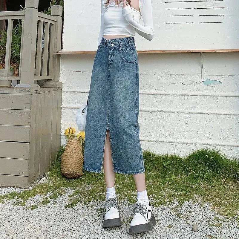 Jupes Mode Denim Jupe longue Y2K Vintage High Wasit Jeans côté droit fendu a-ligne crayon femme corée élégant