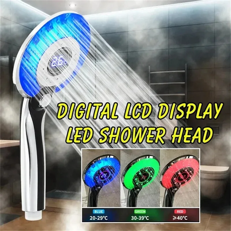 LED Shower Head Digital Temperature Control Sprayer 3 Spraying Mode Water Saving Filter Bathroom Accessories 240314