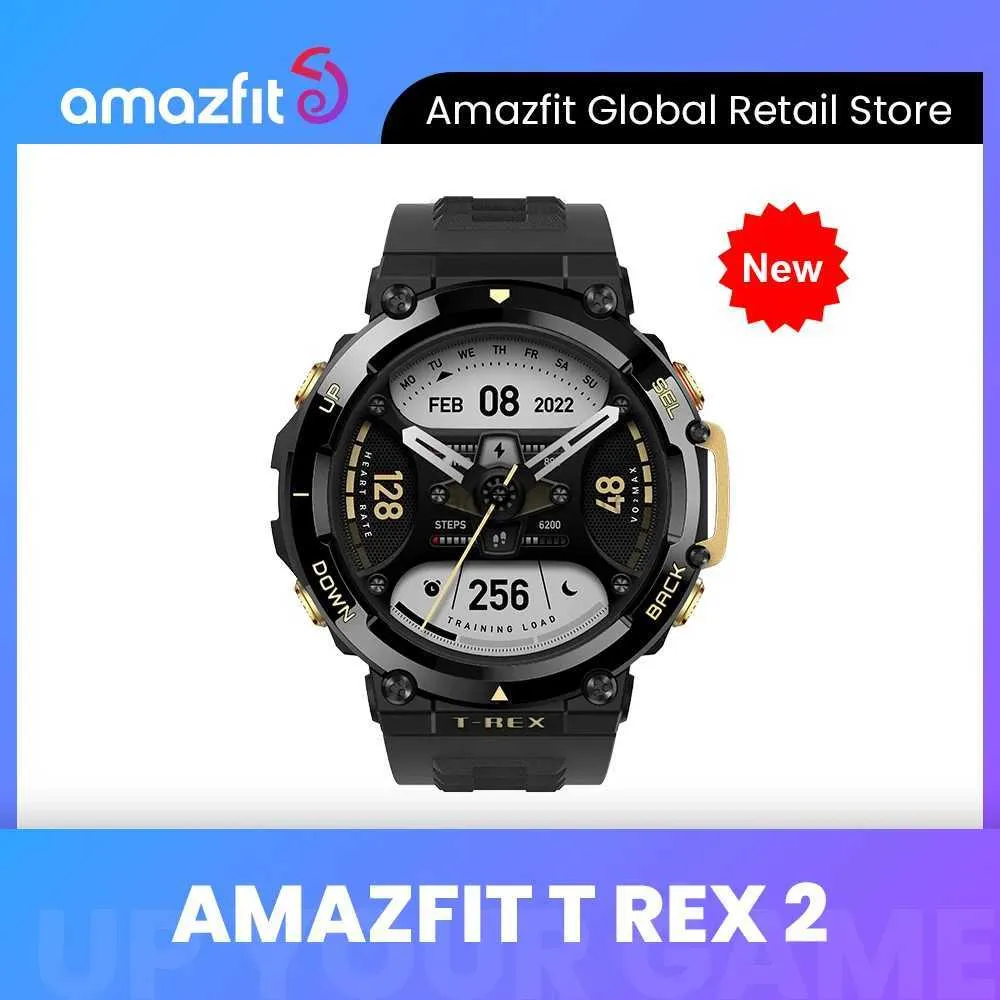 Наручные часы Новые Amazfit T Rex 2 Уличные GPS-часы T-Rex 2 Двухдиапазонный Импорт многих аттракционов 150 встроенных спортивных режимов Смарт-часы для Android iOS 240319