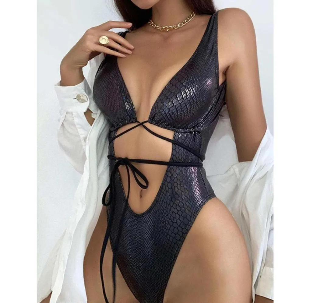 Bandage Snakeskin Monokini Hollow Out One Piece Swimsuit Women Bandeau Bathing Suit Backless Bodysuit Largesize Swim Suit1809276