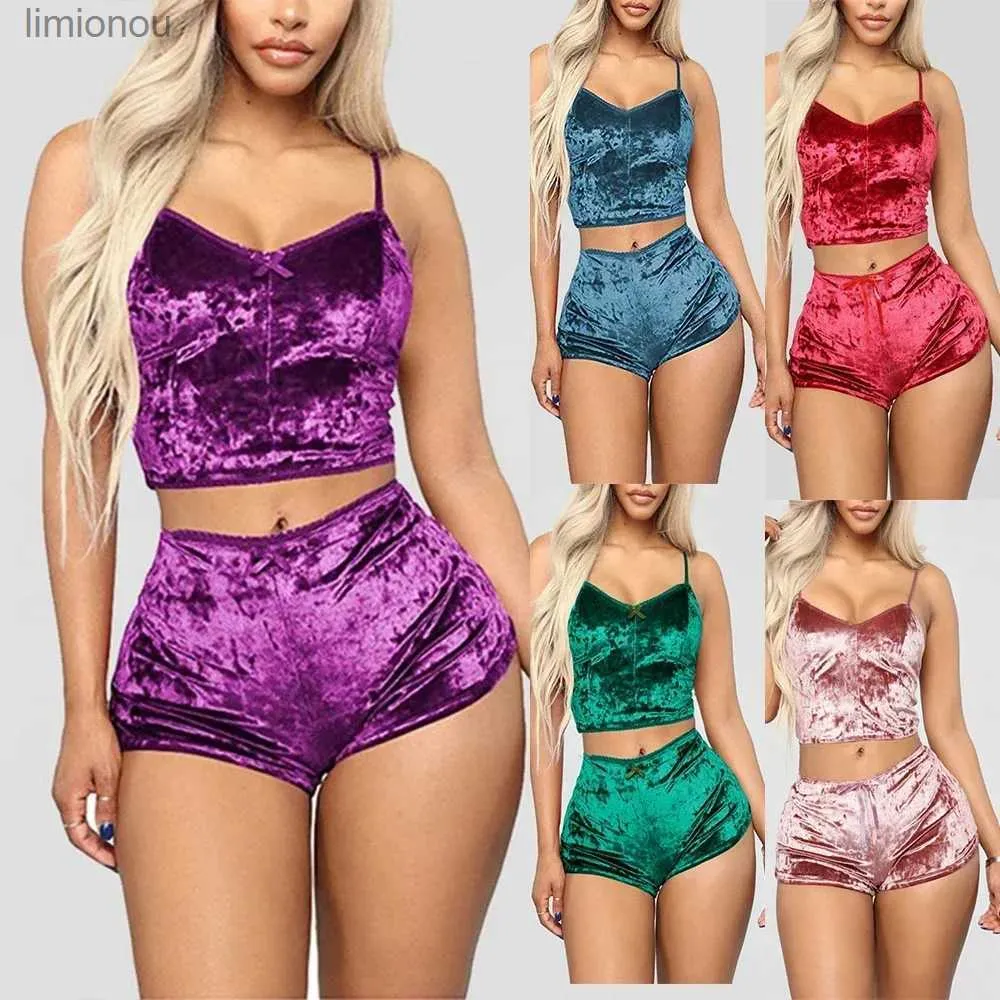 Kadınların Pijama Kadınları Kadife Polyester Konforlu V-Yok iç çamaşırı setcamisole+şort pijamaları ev kıyafetleri kolsuz üst kısa süreli24319