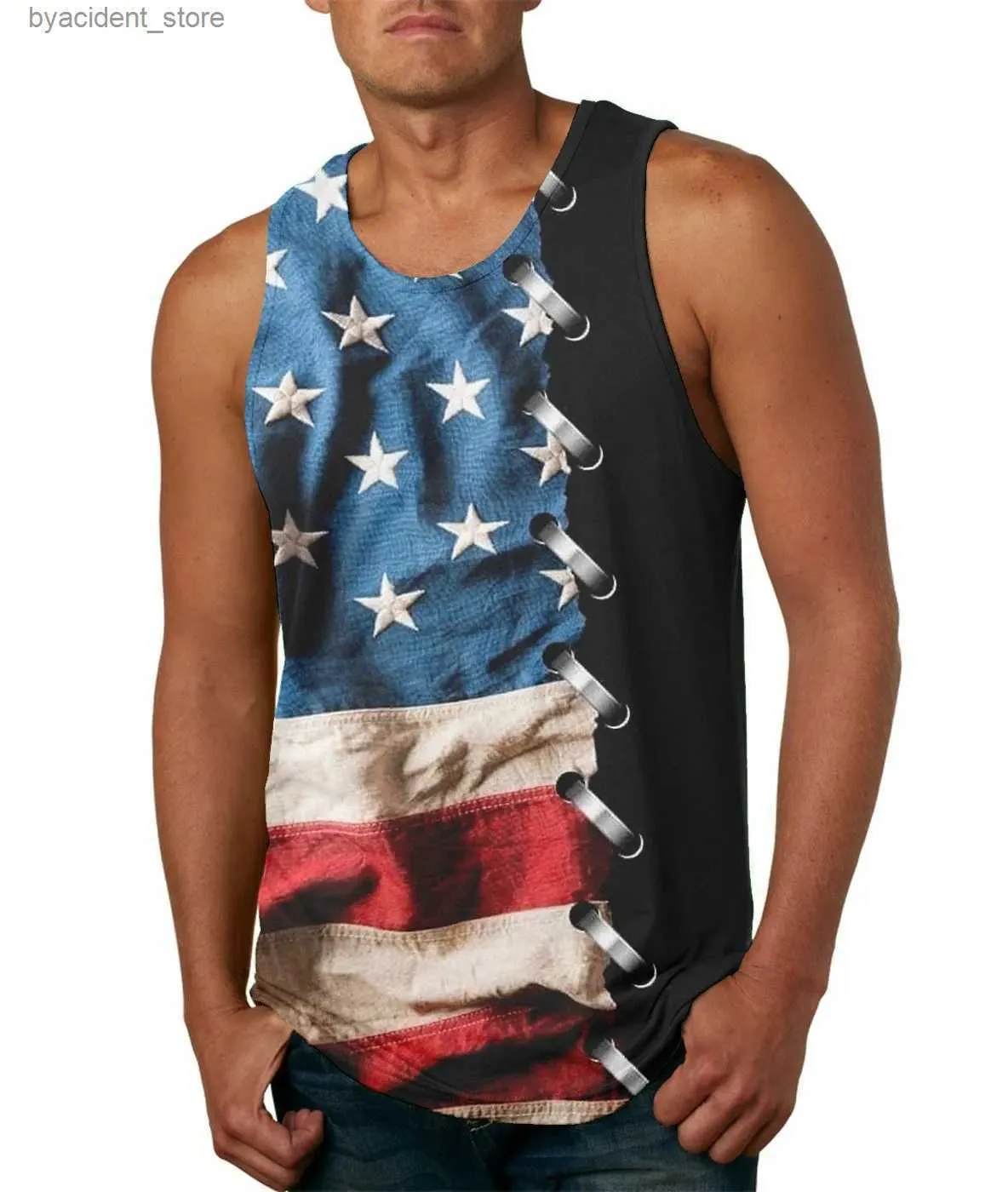 Herrtankstoppar amerikansk flagg grafisk herr mode tankar sommar ärmlös 3d print street usa stil väst 6xl stor storlek man kläder casual tank l240319