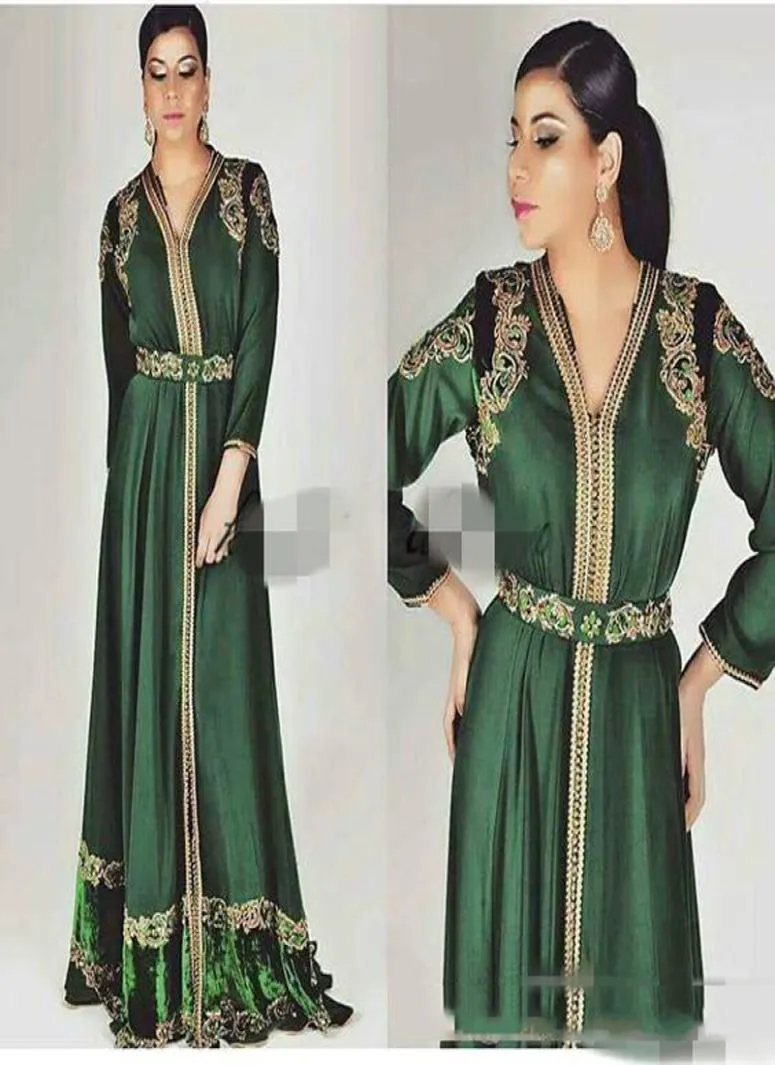 2019 Yeni Emerald Yeşil Fas Kaftan Uzun Kollu Balo Elbiseleri Özel Yapma Altın Nakış Kaftan Dubai Abaya Arap Akşam Giyim2898312