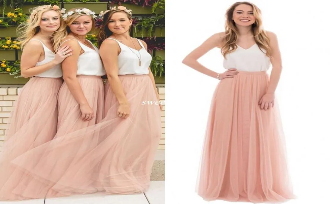 Two Tone Country Wedding Boho Bridesmaid Dress Tulle V Neck Long Party Prom Gowns Plus Size Maid of Honor Dresses2949953