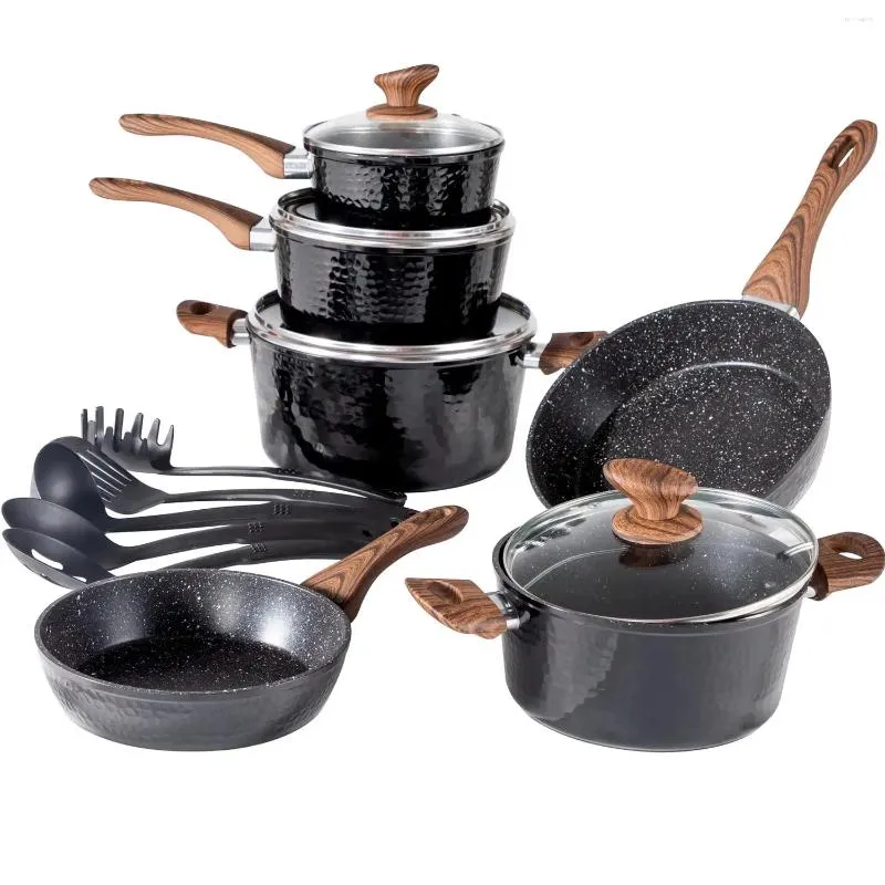 Batterie de cuisine, ensemble de 15 pièces, casseroles et poêles antiadhésives en granit, lavable au lave-vaisselle, noir
