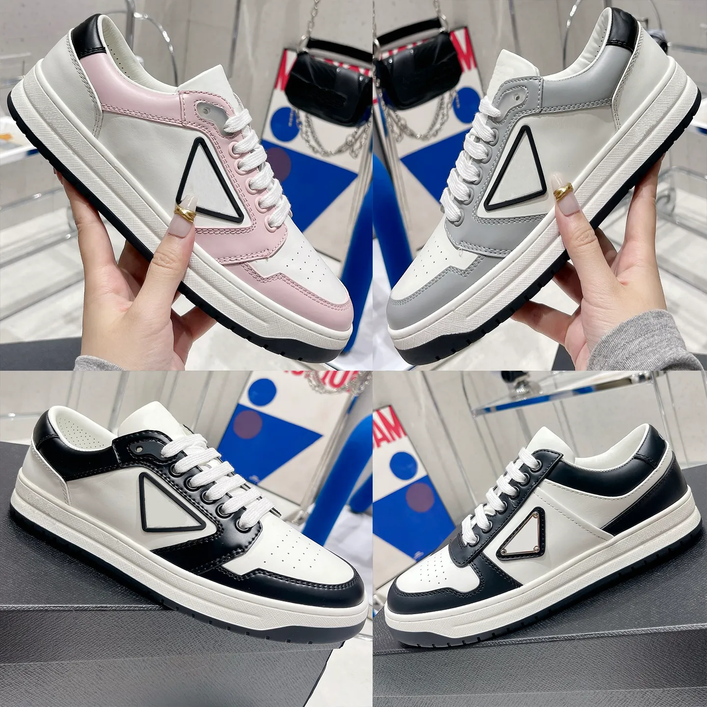 Mens sneakers designer luxury downtown womens trainers casual shoes cobalt blue crystal pink black white couple leather rubber shoe enamel metal triangle logo