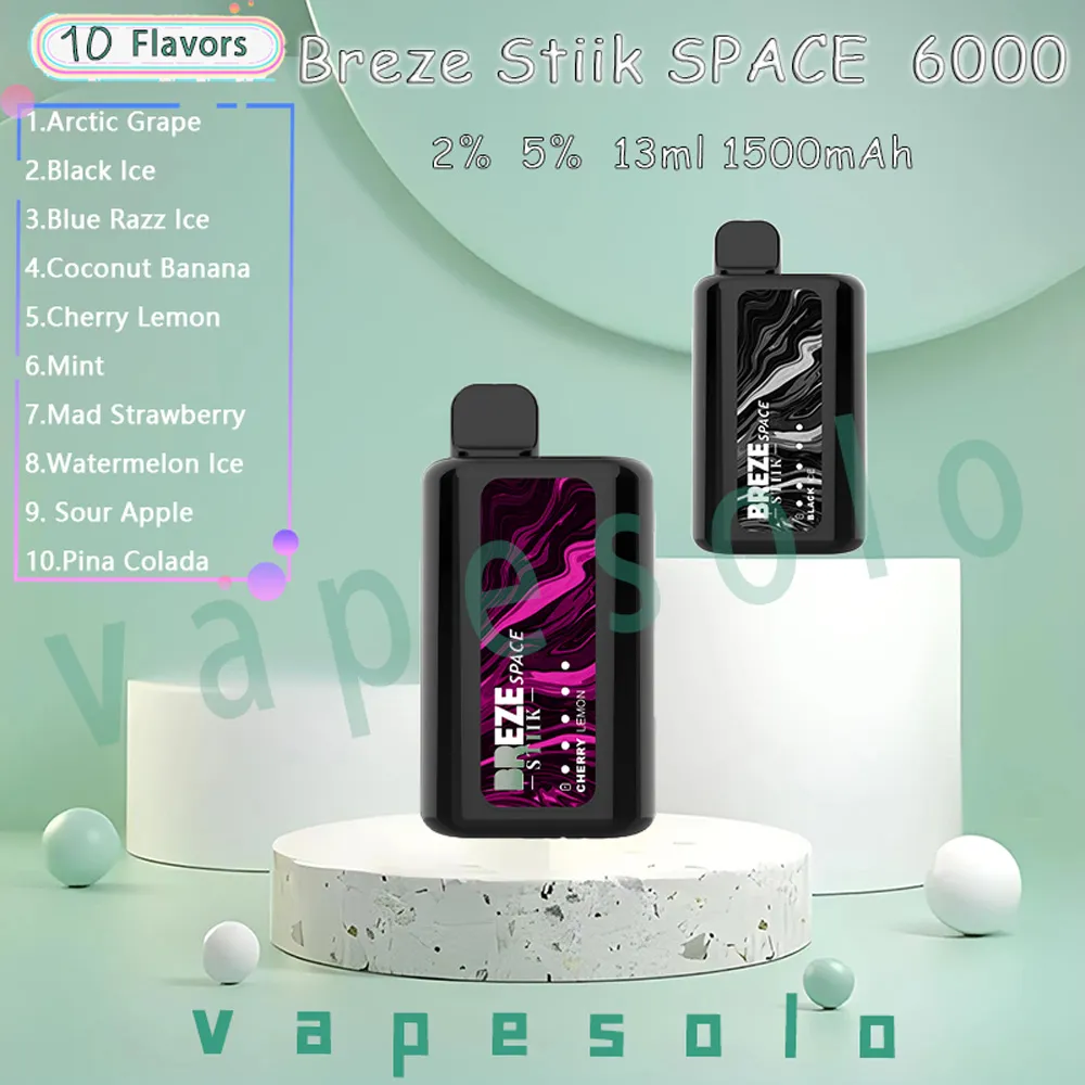 Breze Stiik Space 6000 Puff Disposable E Cigarett 1500 mAh Batteri 2% 5% Level 13 ml Förfylld POD PULDS 6K VAPE PEN PEN PEN