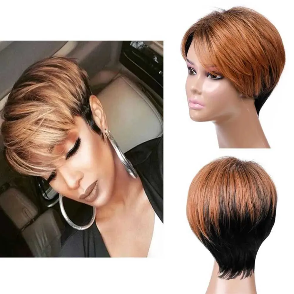 Synthetic Wigs Short Wavy Synthetic Wigs Ombre Brown Black Straight Wig Party and Daily Use Hair for Women Heat Resistant 240329