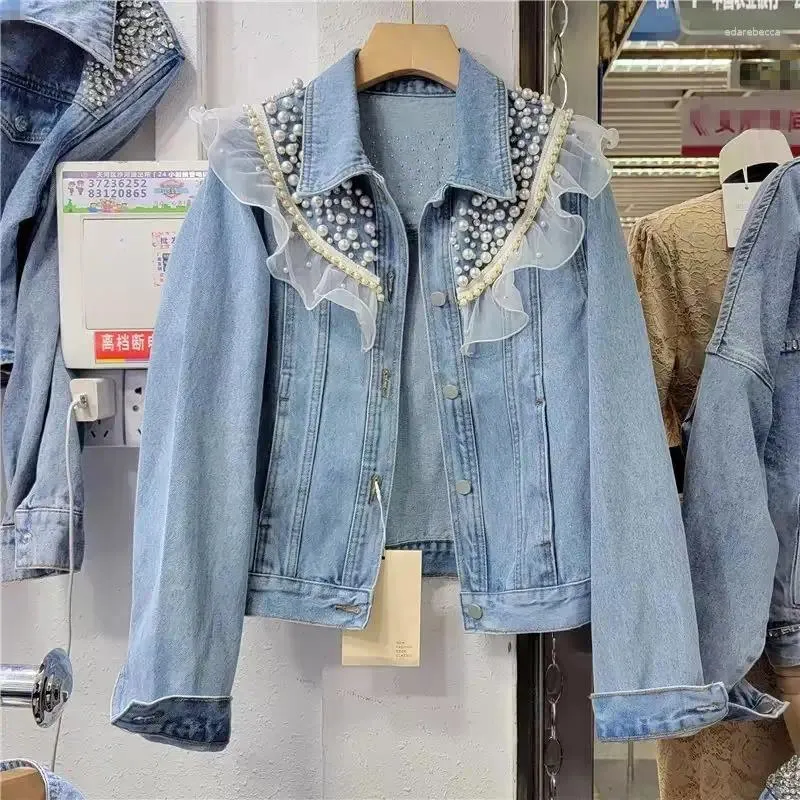 Kvinnors jackor koreansk stil tung industri pärla spets denim jacka topp lös lång ärm kort jeanrock 2024 kvinnor vårkläder