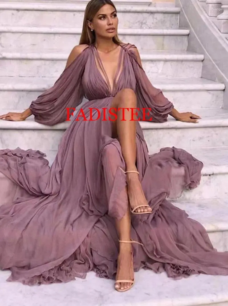 Party Dresses Elegant Chiffon Prom Long Puffy Sleeves Evening Dress Wedding Gowns Vestidos Para Mujer