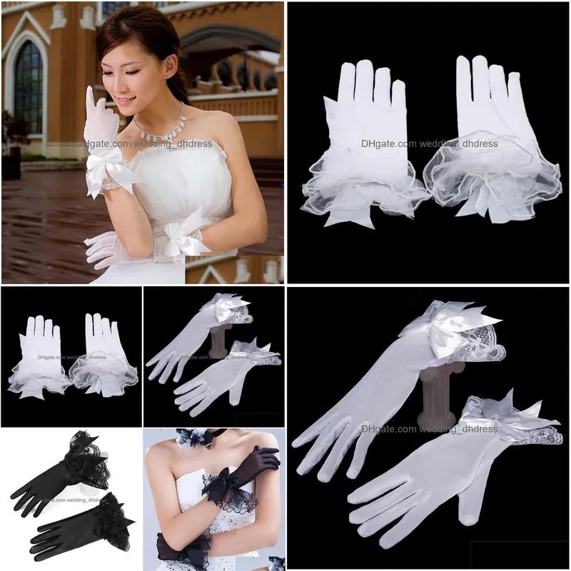 Guanti da sposa Donna Maglia in pizzo Donna Polso bianco Grande fiocco Nodo Accessori per feste di matrimonio Consegna a domicilio Eventi di nozze Dhmoj