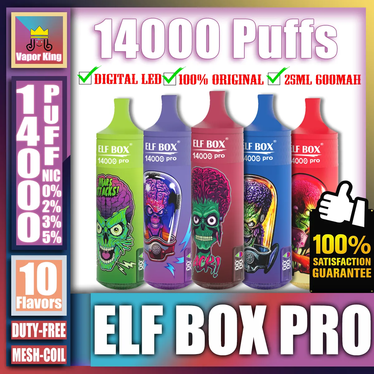 Original Elf Box 14000 14K Pro Puff 14000 14K Återupptagbar engångscigaretter Vape Pen med 25 ml Förfylld 600mAh Battery Type C Mesh Coil Digital LED -skärm RGB