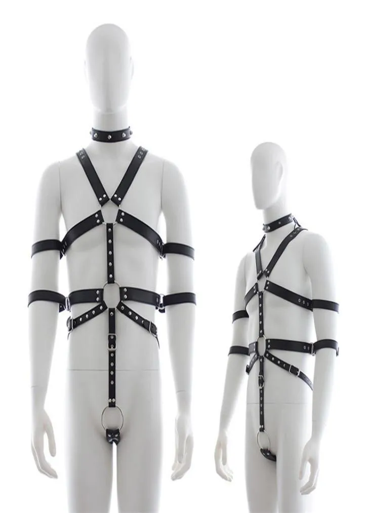 Cinto de lingerie masculino couro pu colar de pescoço bodysuit roupas para homens gay bondage bdsm contenção brinquedos sexuais traje y04066426447