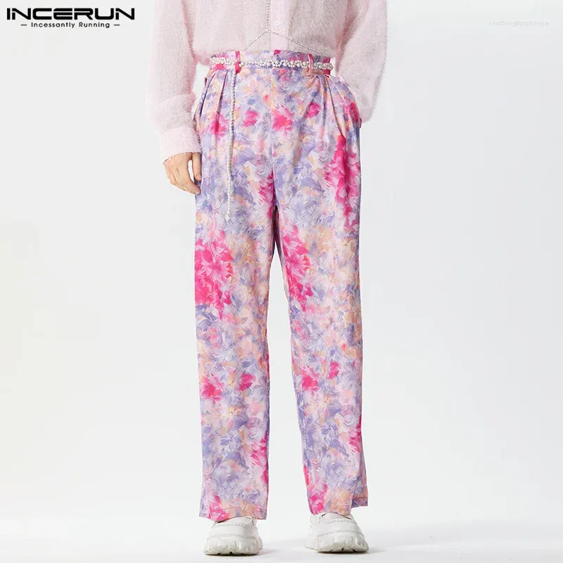 Männer Hosen INCERUN Gerade Blume Druck Taste Jogger Lose Beiläufige Hosen Männer Streetwear 2024 Koreanische Mode S-5XL