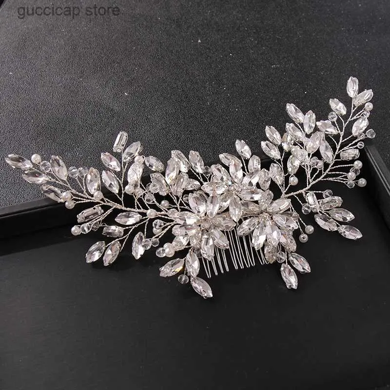 Diadèmes Nouveau fait à la main couleur argent or Rose diadème cheveux peignes cristal strass peignes accessoires de cheveux de mariée mariage femmes bandeaux Y240319