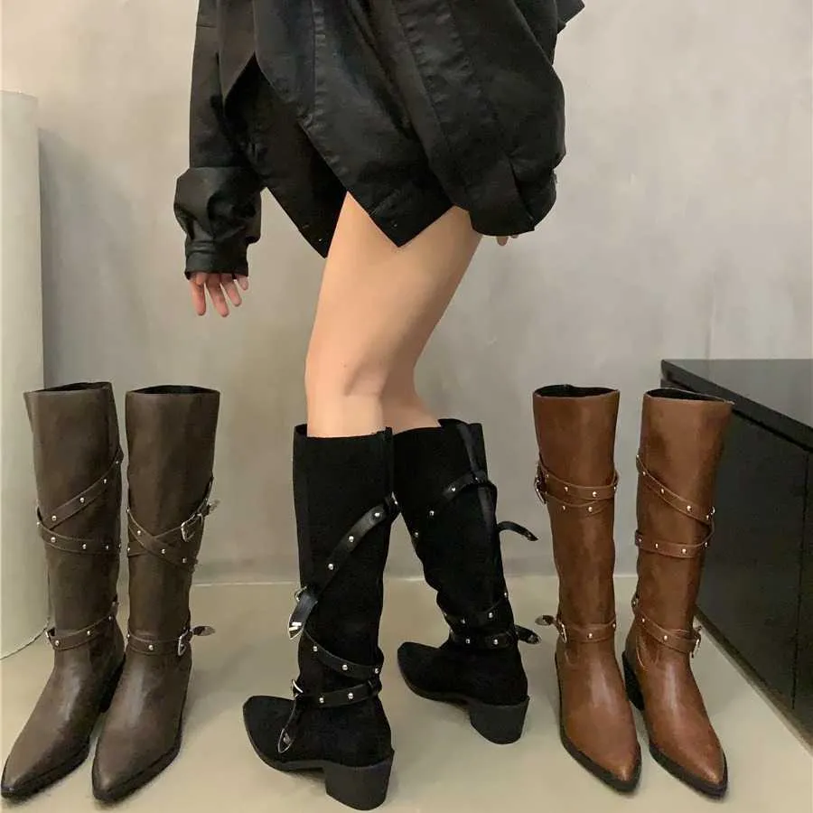 HBP Non-Brand Fashion Boots Winter New Spicy Girl Sexy Pointy Trendy Boots Riveted Belt Buckle Thick High Heel Boots Women Shoes