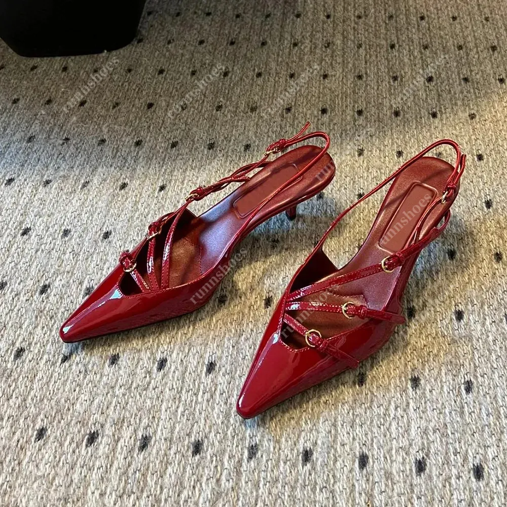 Höga klackar kalv patent läder slingback pumpar metall spänne-inbäddade sandaler 5,5 cm kattunge klack slingbacks kvinnor designer pekade tå kvällsfest skor