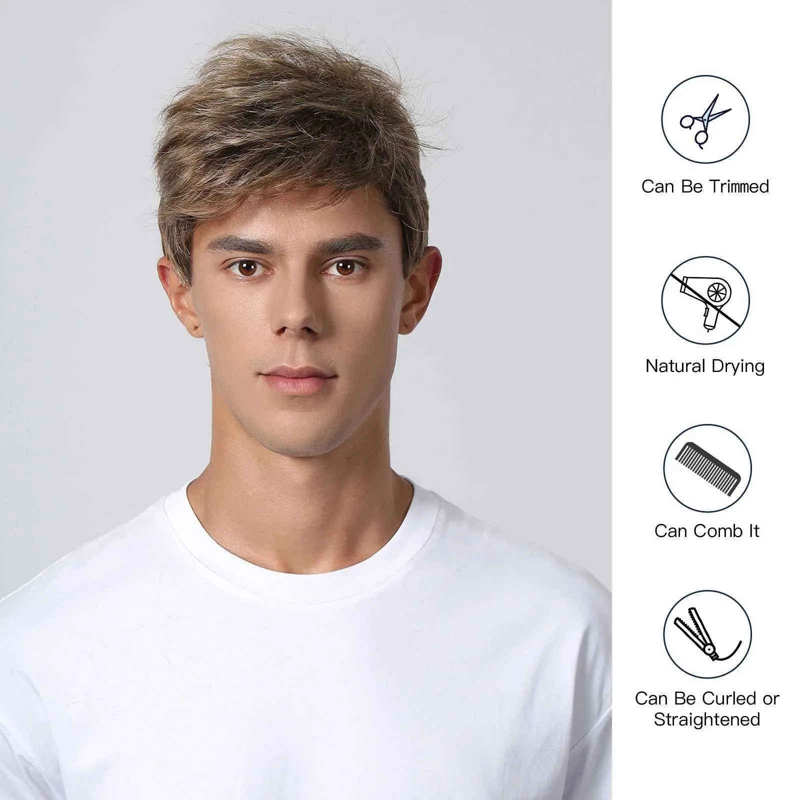Perruque Courte Homme Cheveux Naturels Brun Clair - 35 Cm - Bonnet Moyen
