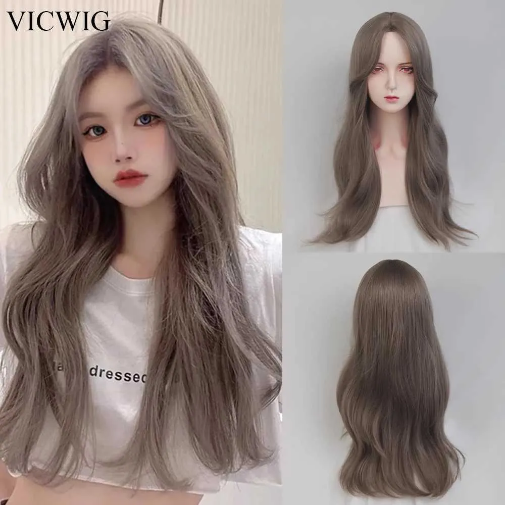 Perucas sintéticas vicwig sintética longa reta ondulada perucas marrons parte média lolita cosplay feminino peruca de cabelo natural para festa diária 240329